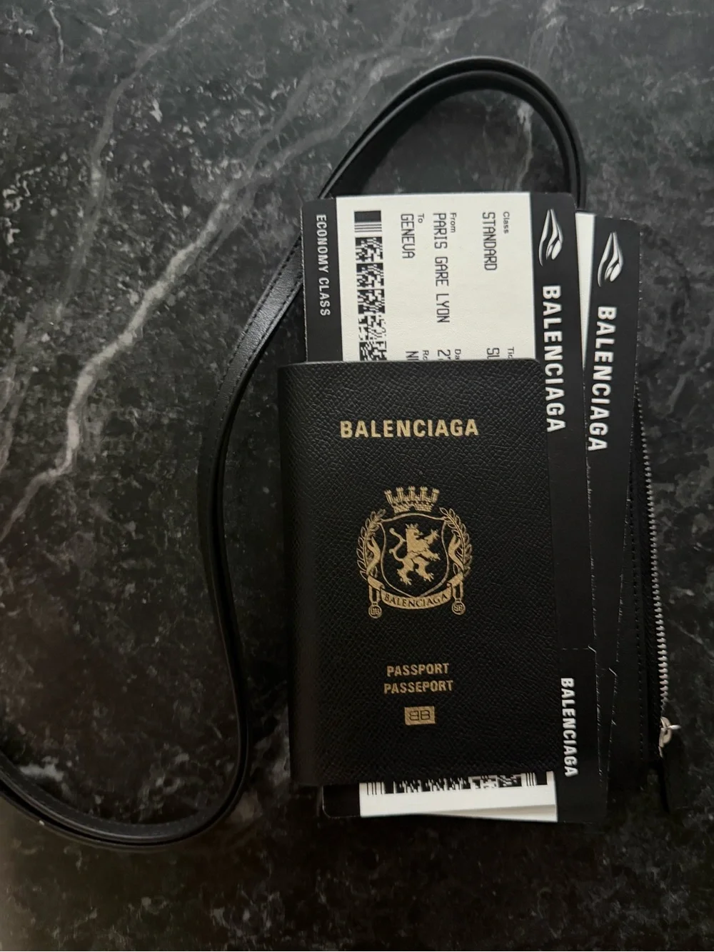 Balenciaga Black Leather Passport Cover with Gold Crest